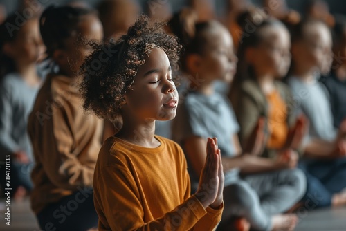 A group of kids sitting in a lotus position in a circle, with their eyes closed and hands in a meditation gesture,  photo