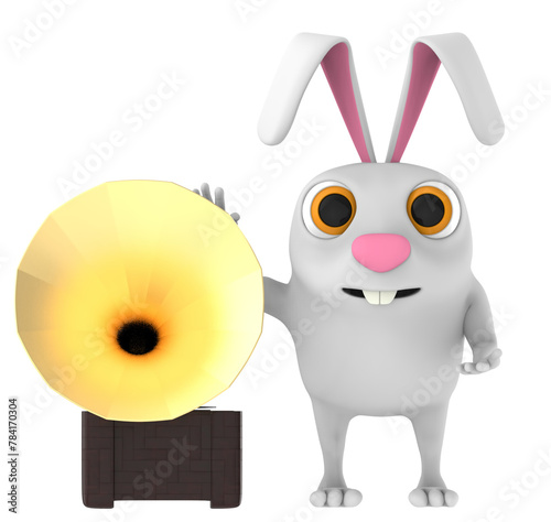 3d character , rabbit and gramophone