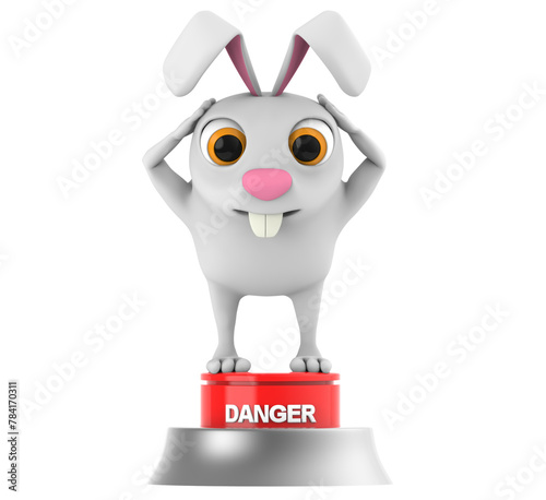 3d character , rabbit standing over danger button