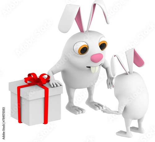 3d character , rabbit and wrapped gift box