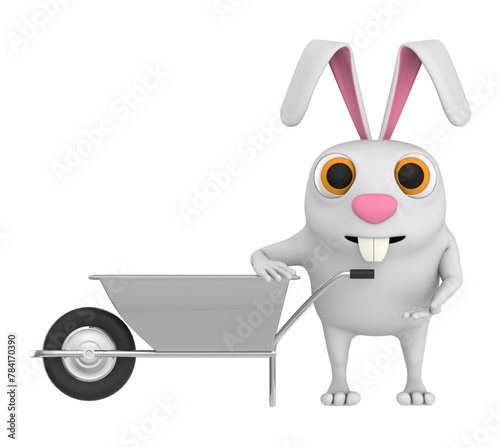 3d character , rabbit and a wheel barrow