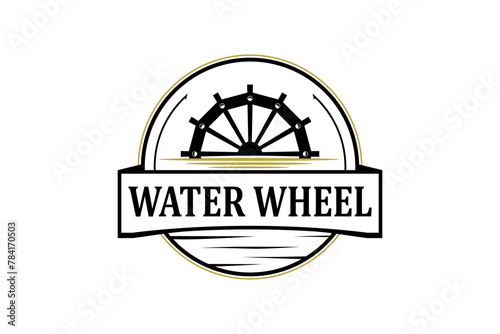 Classic old Noria wooden waterwheel from Syria or the arabic Middle East, logo design vector template label style.