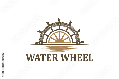 Classic old Noria wooden waterwheel from Syria or the arabic Middle East, logo design vector template label style.