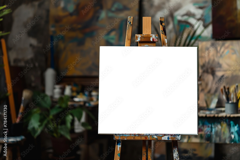 Wooden easel with painting frame mockup on studio wall, modern art concept Wooden easel with painting frame mockup on studio wall, modern art concept