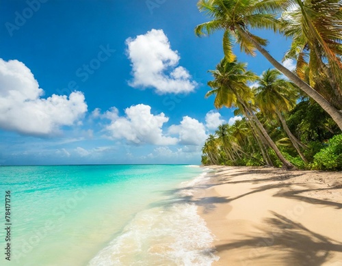 Sunny tropical Caribbean beach with palm trees and turquoise water, caribbean island vacation, hot summer day © Beste stock