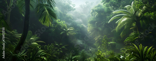 tropical rainforest with green trees and ferns in sunlight Tropical rainforest with fog and sunbeams in the morning.