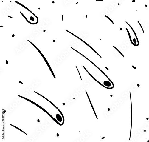 There are many dots and lines on the screen. There are also objects that look like falling meteorites or asteroids with long tails.