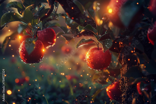 Glowing Apples from Enchanted Trees, banishing hunger with magic , clean sharp focus photo