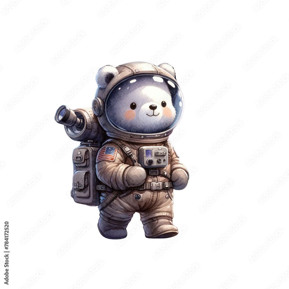 Bear dressed in a spacesuit with space motifs and wearing an astronaut helmet, watercolor, png ,cartoon-style bear in a spacesuit, holding a telescope and backpack. Bear dressed in a spacesuit with space motifs and wearing an astronaut helmet, watercolor, png ,cartoon-style bear in a spacesuit, holding a telescope and backpack.