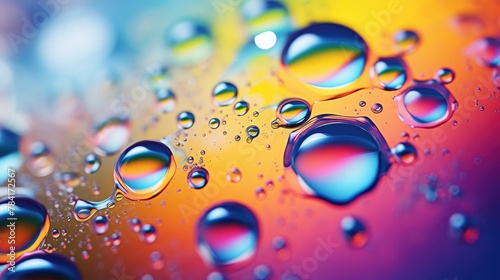 Moving oil bubbles in the liquid from above. Background of multicolored oil surface. Amazing edifice made of vibrant bubbles. vibrant, creative rendering of an oil drop floating on water