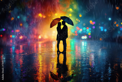 A couple is standing under an umbrella in the rain