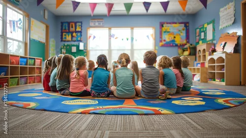 Fototapeta A kindergarten room during story time, little ones sitting in a circle, listening intently