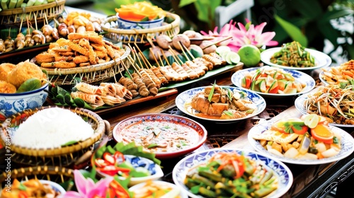 A traditional Thai banquet spread, featuring an array of dishes from curries to grilled meats, highlighting the communal joy of Thai dining.