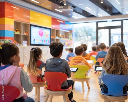 A modern classroom with digital tablets, students engaged in e-learning activities