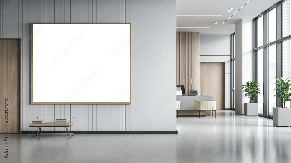Minimalist modern office lobby with frame mockup on the wall and potted plants Minimalist modern office lobby with frame mockup on the wall and potted plants