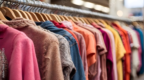 Close-up of vibrant clothes in a charity, thrift, or secondhand clothing store. These establishments sell worn clothing, accessories, books, and household items.