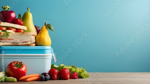 The ideas for a broad banner with copyspace area can be used for a healthy school lunch box that includes sandwiches, fruits, and vegetables, or a plastic lunchbox for kids to consume organic food 