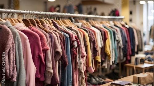 Close-up of vibrant clothes in a charity, thrift, or secondhand clothing store. These establishments sell worn clothing, accessories, books, and household items.