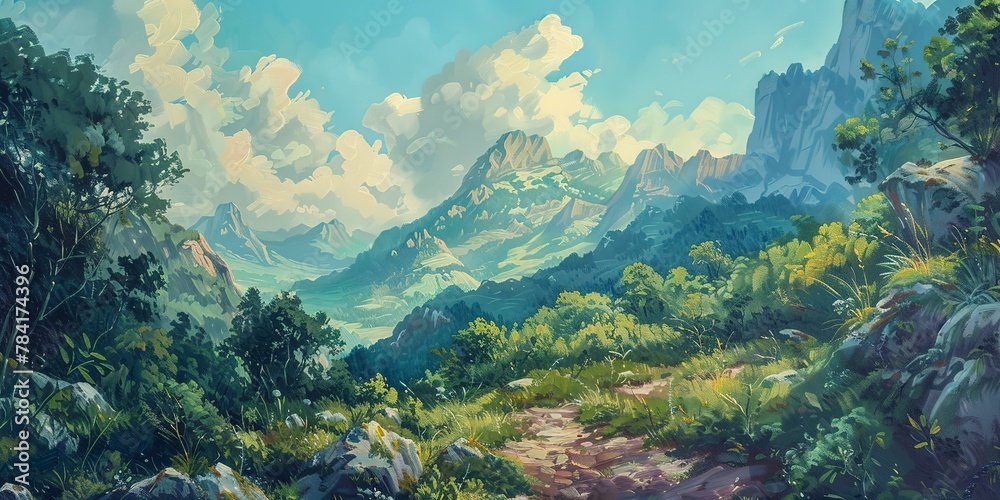Oil painting, hiking adventure, banner, mountain trail, lush landscapes, midday, wide, shared exploration. 