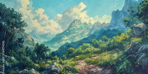 Oil painting  hiking adventure  banner  mountain trail  lush landscapes  midday  wide  shared exploration. 