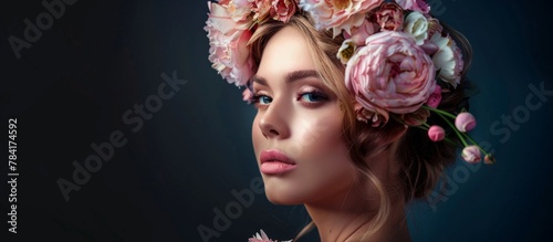 A woman with a beautiful crown made of colorful flowers adorning her head