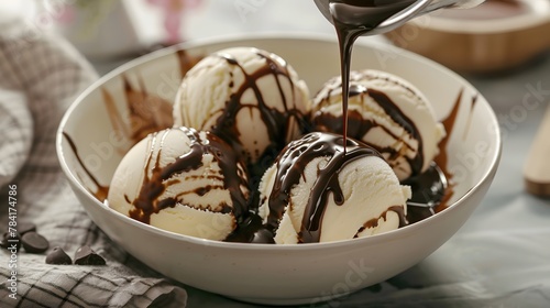 three scoops of ice cream poured with chocolate syrup
