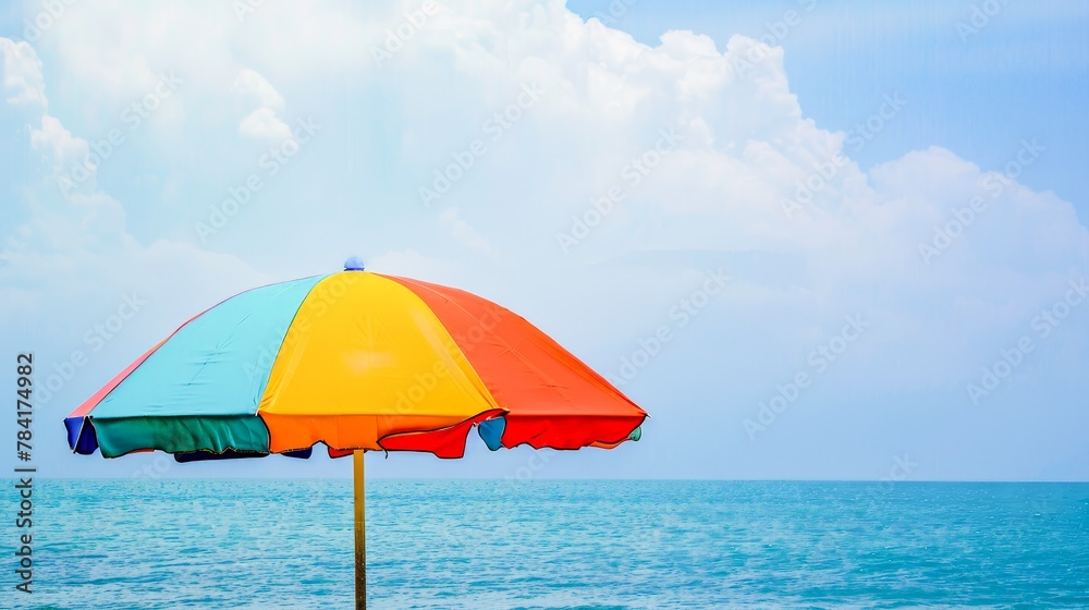 A vibrant beach umbrella stands out against the subtle shades of the sea and sky, a cheerful sentinel of sunny days and gentle breezes.