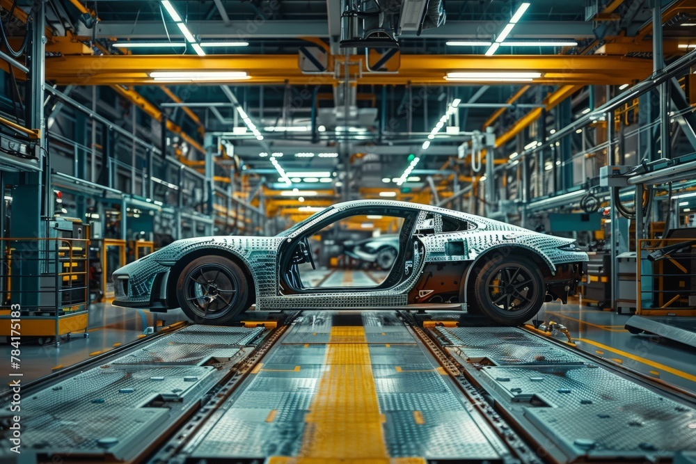 Sports car on the assembly line in a modern automotive factory.
