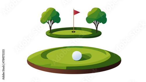 minimalist vector image of green golf course, course, greens, fairways, bunkers, sand traps, summer leisure