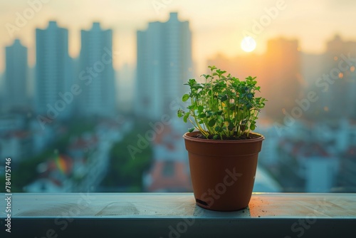Potted plant on a balcony ledge against a sunrise cityscape.