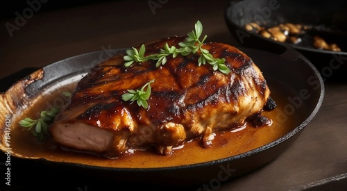 A succulent BBQ chicken slice, its golden skin glistening against a dark backdrop. This tantalizing image, perhaps a photograph, depicts the perfectly grilled meat with charred edges 