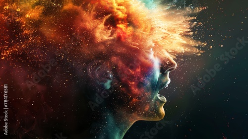 Conceptual half head with exploding multicolor effect, sharp contrast, overhead lighting