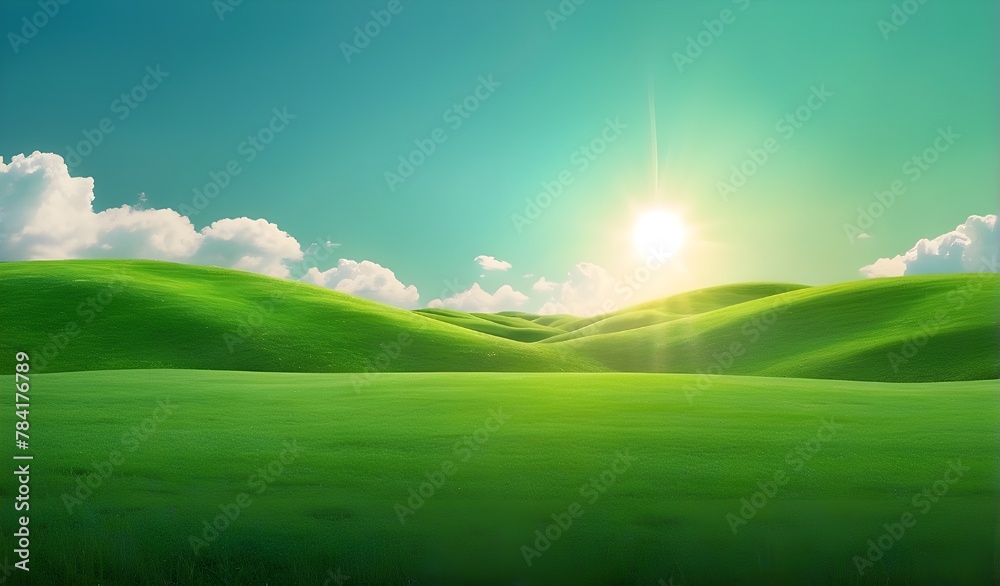Under the vast expanse of the azure sky, a picturesque landscape unfolds, where lush green grass stretches out to meet the distant horizon. The meadow, bathed in the golden light of the sun, sways gen