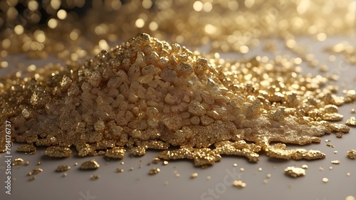 A close-up photorealistic image capturing the intricate details of micro gold glitter particles. The image focuses on the sparkling effect of the glitter, highlighting its texture and reflective prope photo