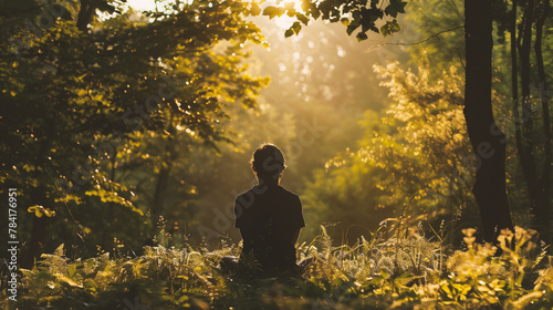 Young man meditating in the forest at sunset, back view #784176951