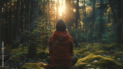 A girl in a red jacket sits in the forest and looks into the distance #784176953
