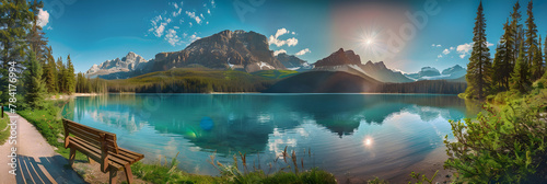 Serene Landscape: Inviting Turquoise Lake Nestled Amidst Snow-Capped Mountains and Lush Greenery