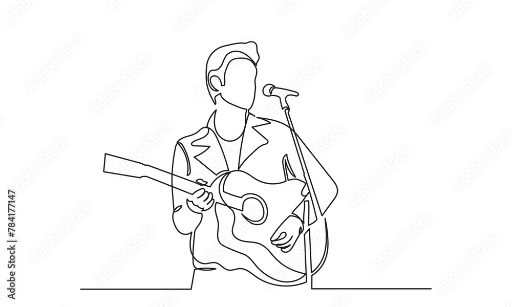 Single one-line drawing of a singer with a guitar.continuous line drawing rock star man singing with a microphone.pop singer, rock star concept vector illustration.
