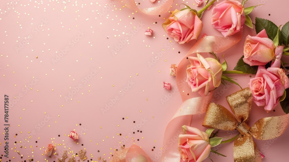 A flat lay of pink roses with a gold bow and glitter on a pink background A flat lay of pink roses with a gold bow and glitter on a pink background