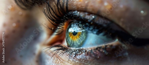 Detailed view of a human eye with a vibrant yellow iris captured in a close-up shot #784177796