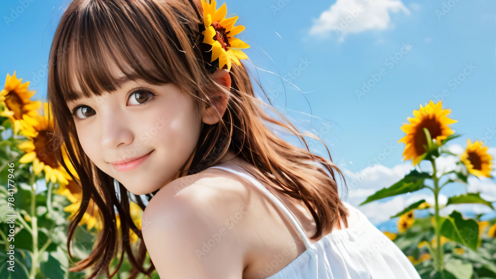 青空のひまわり畑と笑顔の若い女性 青空のひまわり畑と笑顔の若い女性