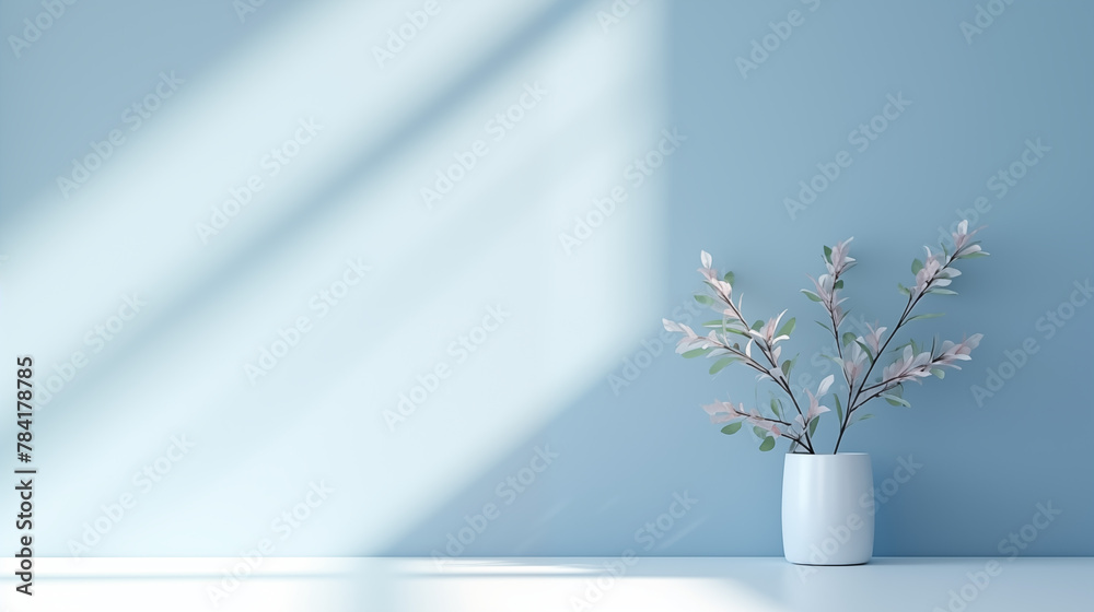 Minimalistic abstract gentle light blue background for product presentation with light and intricate shadow from  branches on wall 