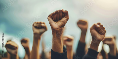 close up of raised fists by group people, generative AI photo