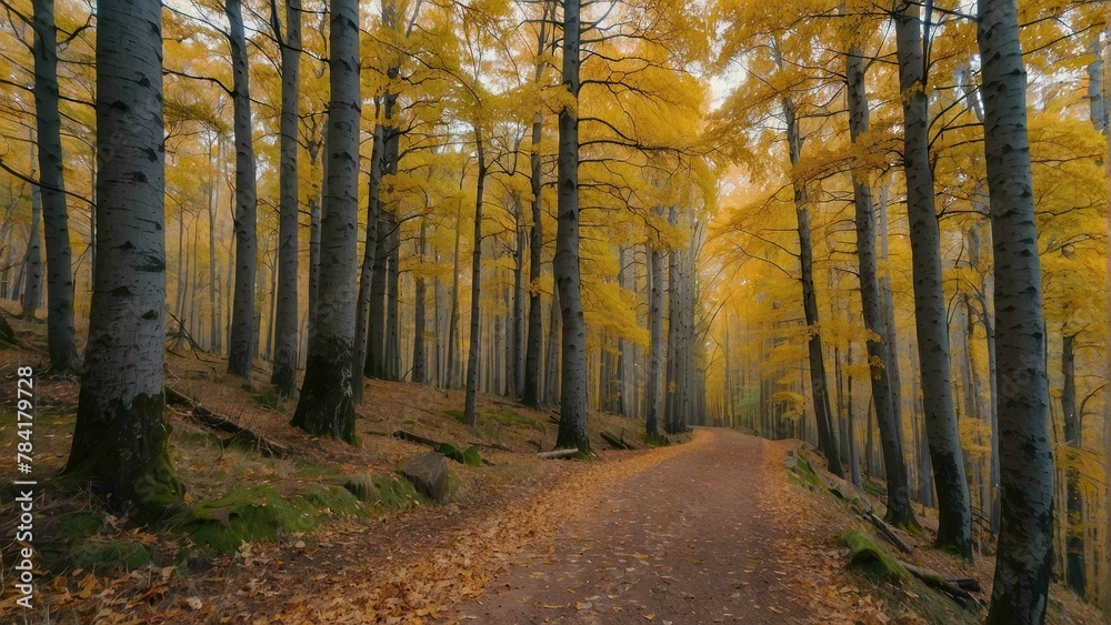 Fototapeta premium Trail through a misty autumnal golden forest