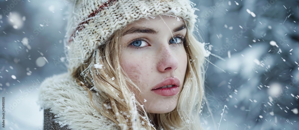Woman wearing a winter hat and scarf, looking directly at the camera with a serene expression, while surrounded by wintry elements Woman wearing a winter hat and scarf, looking directly at the camera with a serene expression, while surrounded by wintry elements