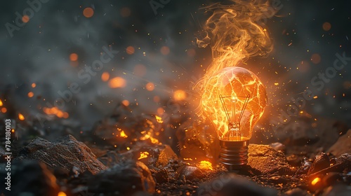 Craft a traditional art piece depicting the impact of a successful breakthrough moment, where a light bulb shatters against a tough stone surface Emphasize the energy and burst of inspiration with fra photo