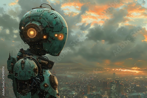 Craft an oil painting of a steampunk-inspired robot viewed from the rear, with a luminous brain and intricate design details Incorporate elements of urban landscapes and power sources to enhance the f photo
