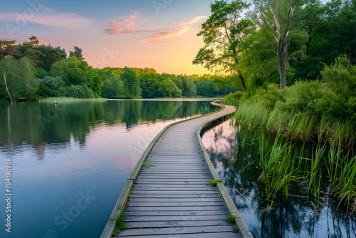 Idyllic Sunset over a Tranquil Dutch Nature Reserve – A Serene Walk Through Netherlands' Vibrant Greenery