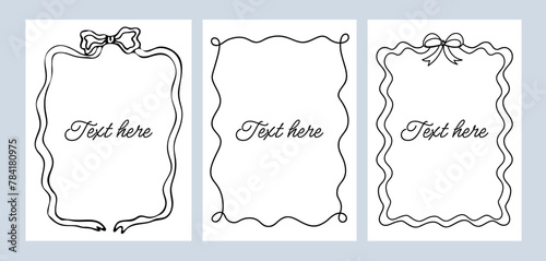 Set bow frames template with space for text. Hand drawn black frames with cute bow isolated on background. Horizontal square wave border frame card photo
