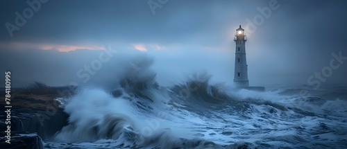 Lighthouse Vigil in the Tempest's Embrace. Concept Photography, Landscapes, Weather, Ocean, Nightfall